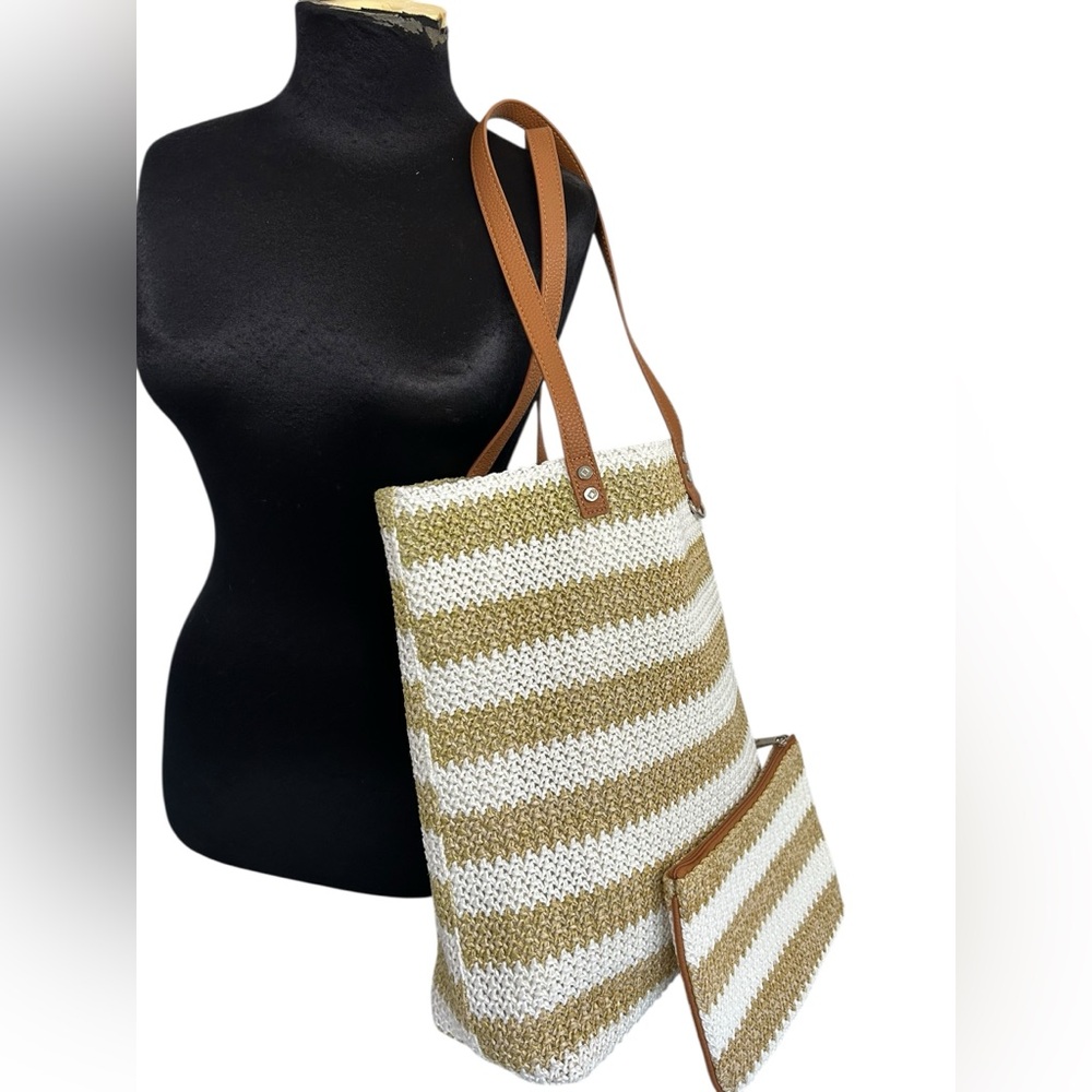 Jewell By Thirty-One Striped Woven Large open Tote Bag W/Zip Pouch Tan White New